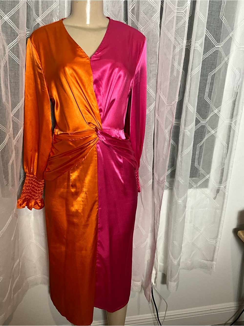Two-Tone Satin Midi Dress in Orange and Fuchsia